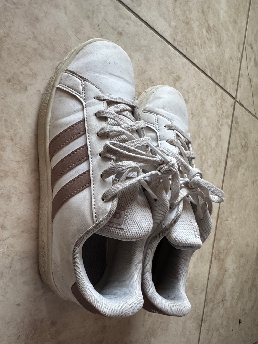 adidas White Sneakers with Taupe Stripes